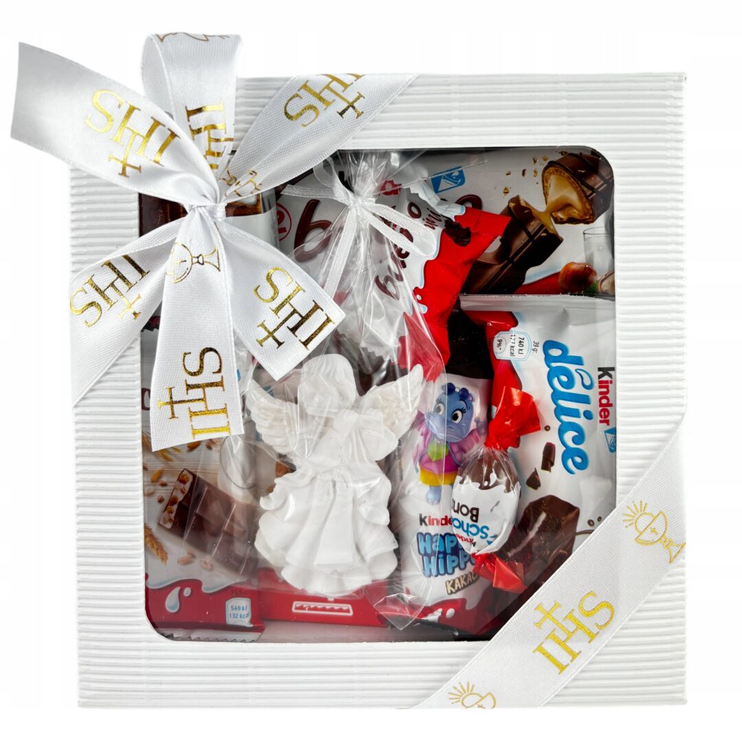 Box Słodyczy Kinder Pierwsza Komunia Święta IHS z Aniołem