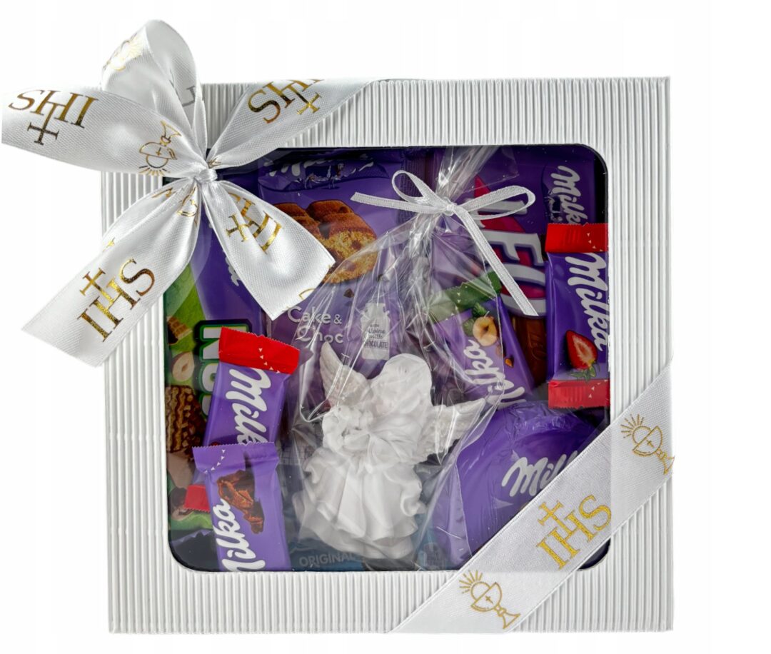 Box Słodyczy Milka Pierwsza Komunia Święta IHS z Aniołkiem