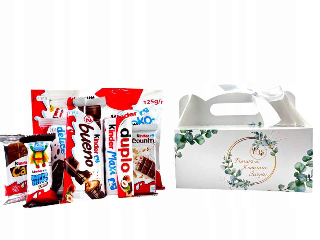 Kosz Prezentowy Słodyczy Kinder Pierwsza Komunia Święta IHS