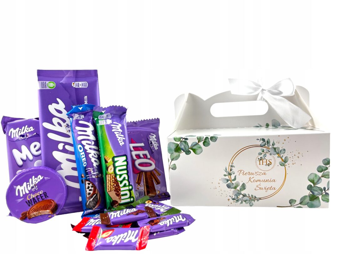 Kosz Prezentowy Słodyczy Milka Pierwsza Komunia Święta IHS