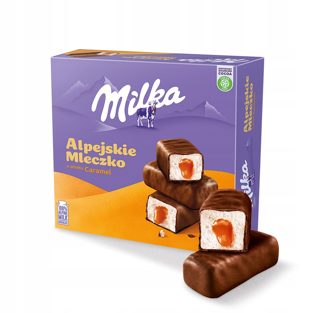 Milka Alpejskie Mleczko Waniliowe z Nadzieniem Karmelowym 350g